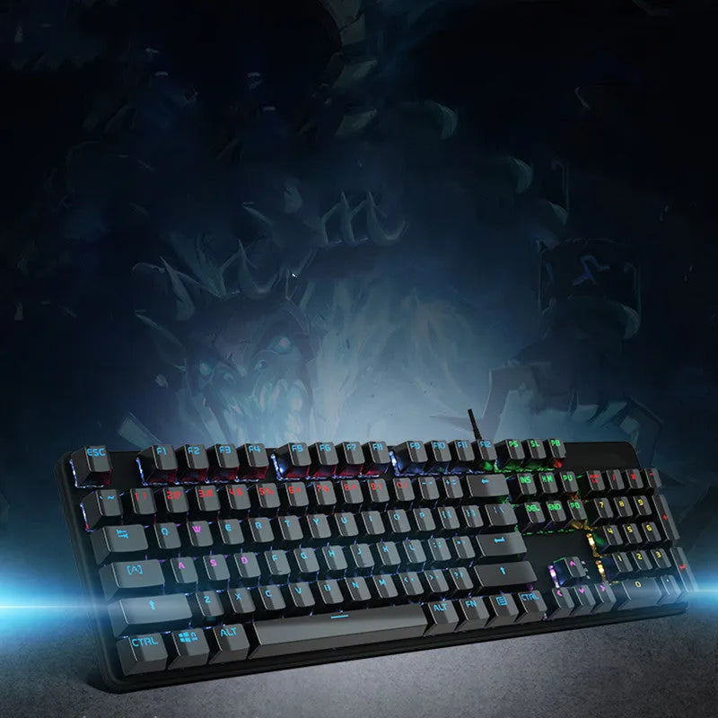 AOC GK410 wired mechanical keyboard with backlit keys on a desktop, showing full 104-key layout.