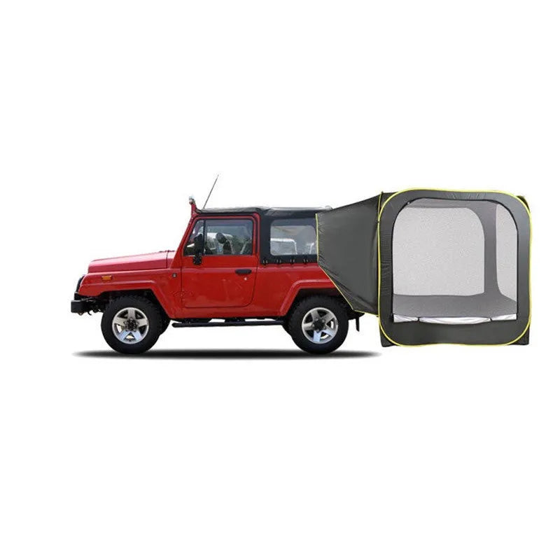 Black pop-up tailgate tent unfolded next to a car, showing its cubic 200cm shape and quick-throw design.