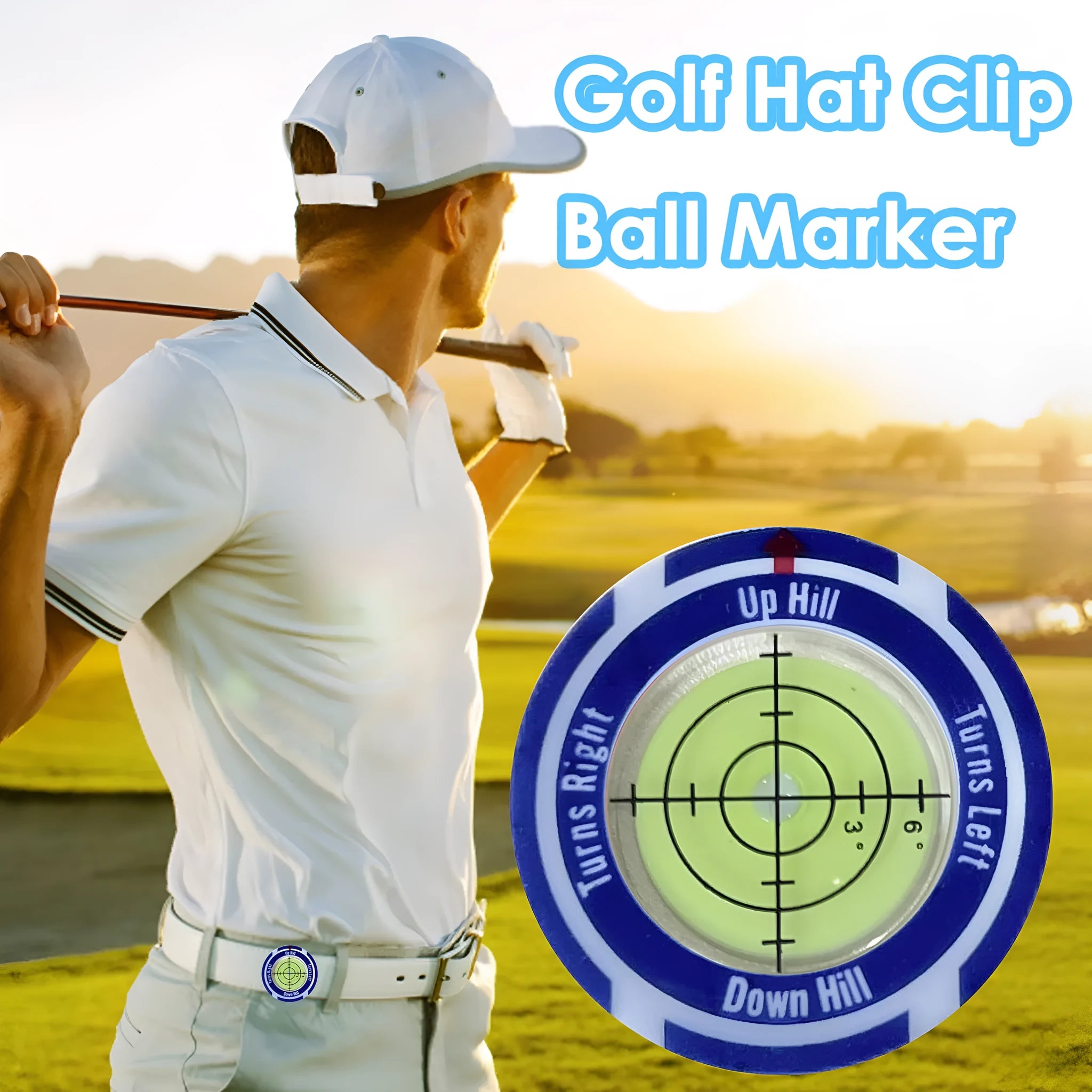 Golf level hat clip with bubble vial and position mark, shown in multiple colour variations.