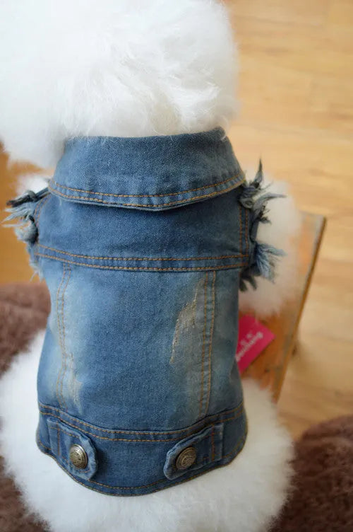 Denim pet dog vest with retro scratch pattern in dark and light colours for small breed autumn winter wear