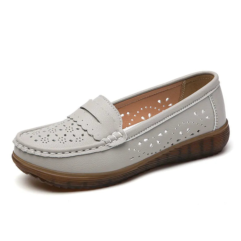 Women's flat shoes with breathable cutout upper, two-layer cowhide, and low heel in beige colour
