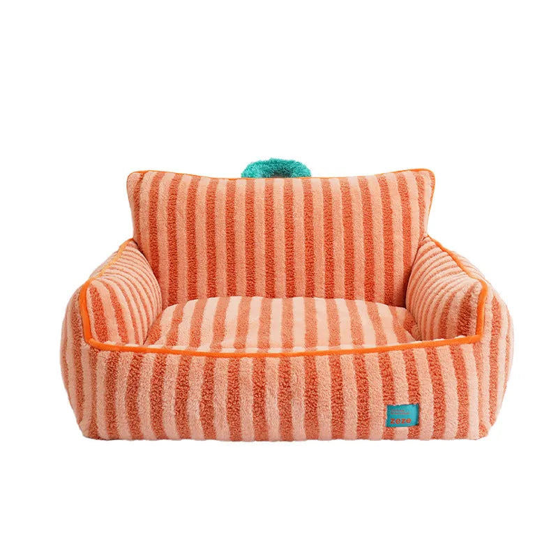 Striped orange soft velvet pet bed with a removable washable cover for dogs and cats.