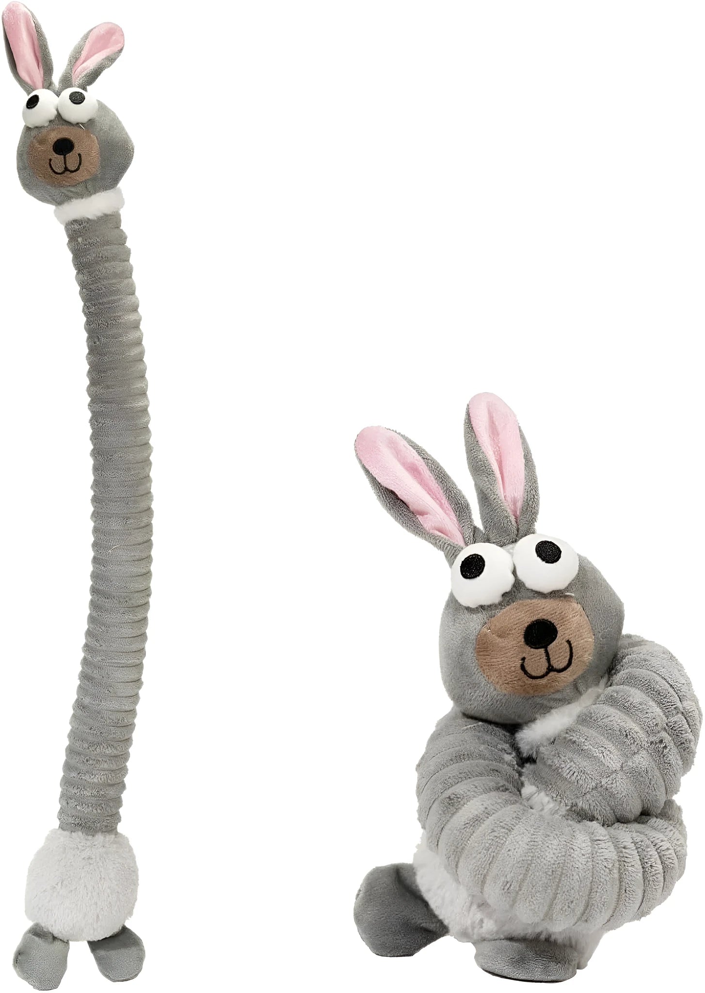 Foldable brown plush dog toy with squeaker and crinkle material for chew play.