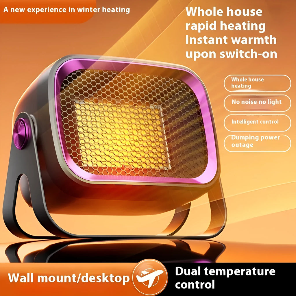 Compact white desktop ceramic heater with rotating base and control buttons on a wooden desk.