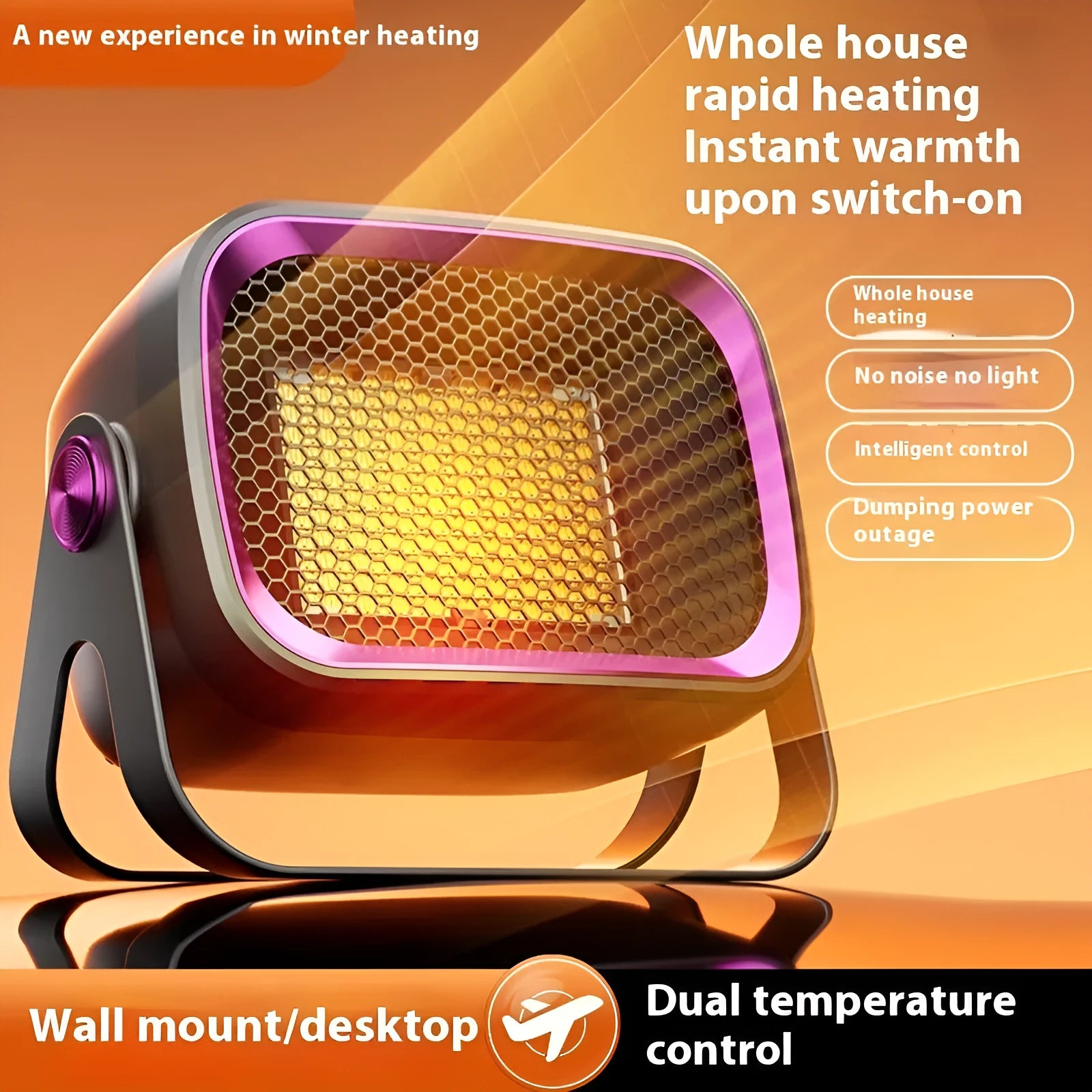 Compact white desktop ceramic heater with rotating base and control buttons on a wooden desk.
