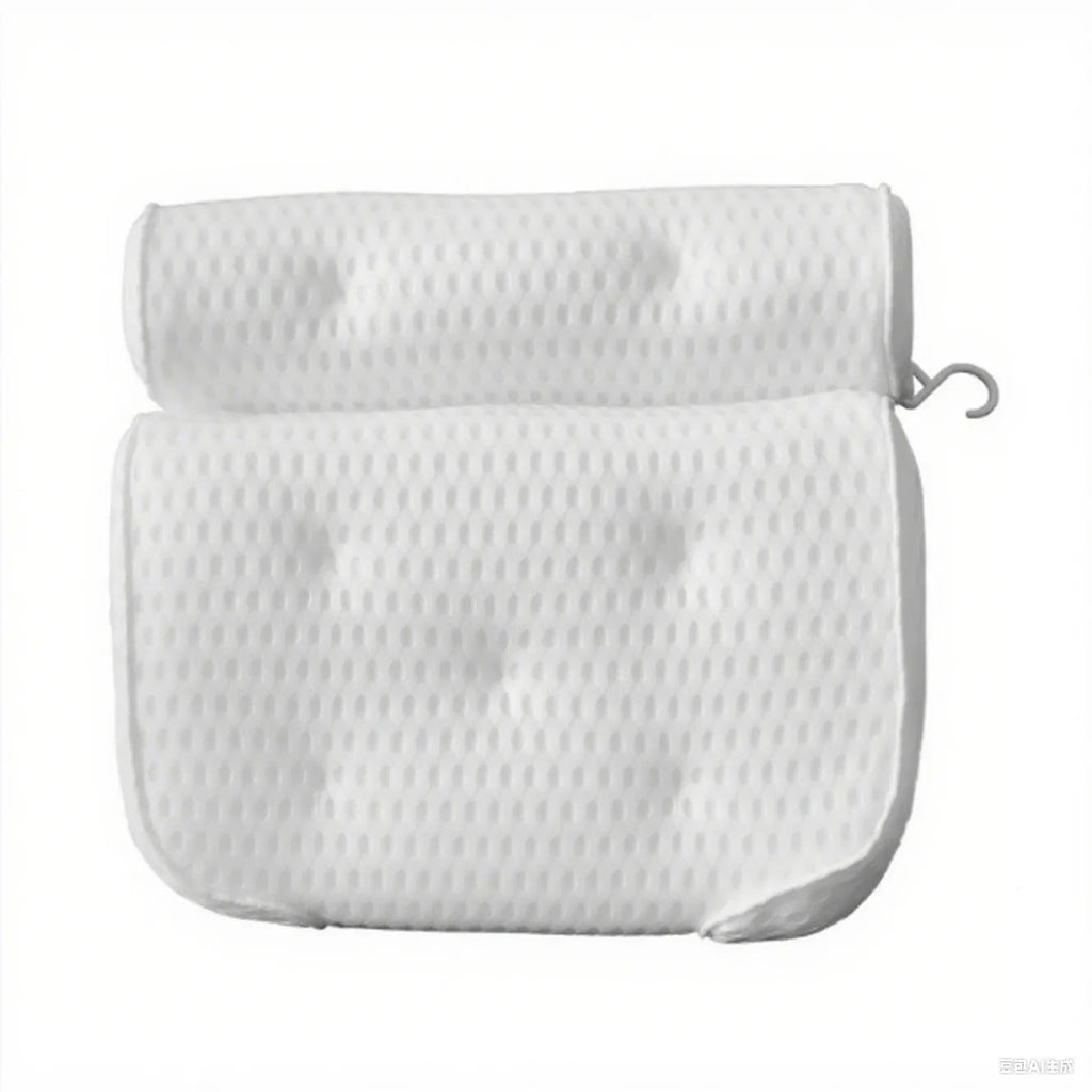 White luxury bathtub pillow with textured 3D material and seven large suction cups on the back.
