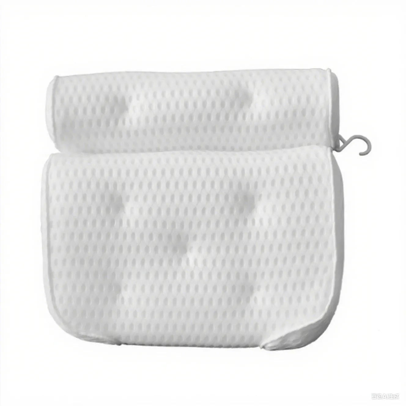 White luxury bathtub pillow with textured 3D material and seven large suction cups on the back.