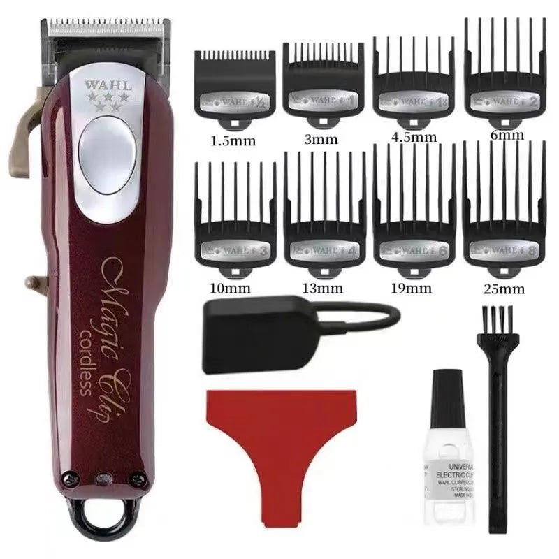 Cordless hair clipper set with stainless steel cutter head, shown with EU, UK, and US plug options.