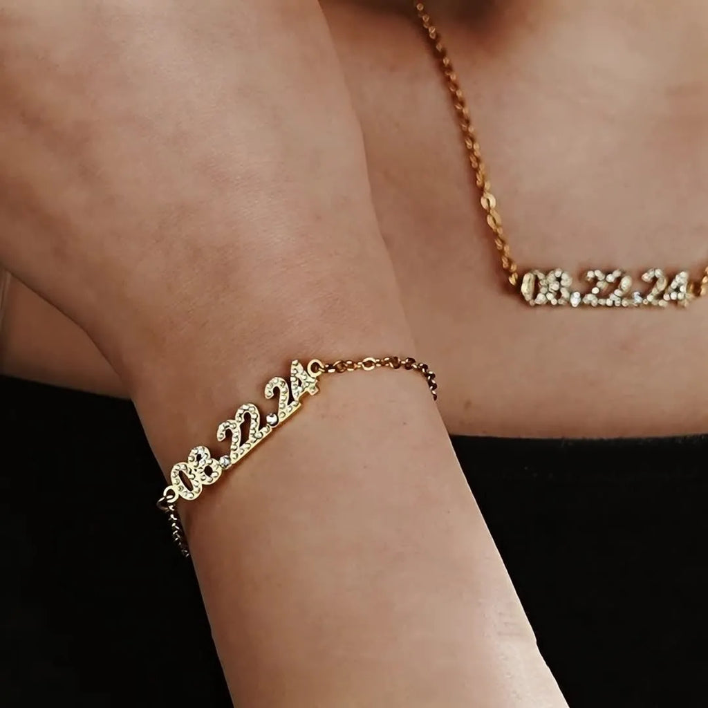 Stainless steel digital bracelet necklace with diamond studded numbers in gold, rose gold, or steel