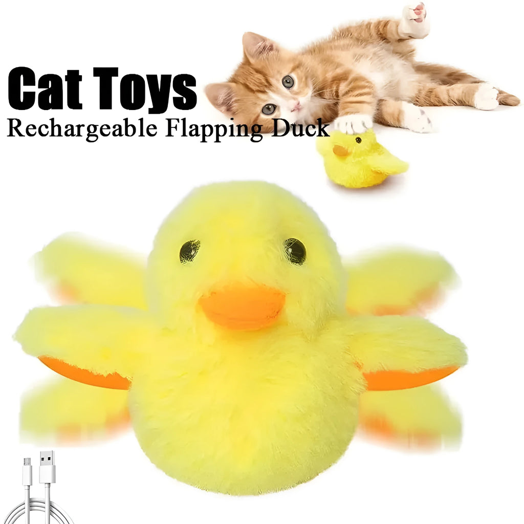Yellow flapping duck cat toy with chick simulation shape showing vibration sensor and removable plush cover
