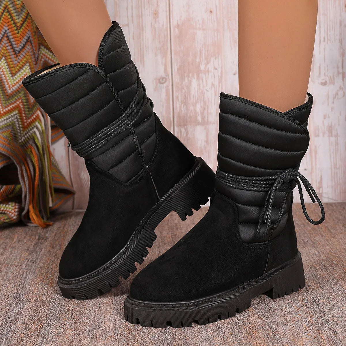 Women's chunky heel mid-tube snow boots in suede with fleece lining and lace-up design
