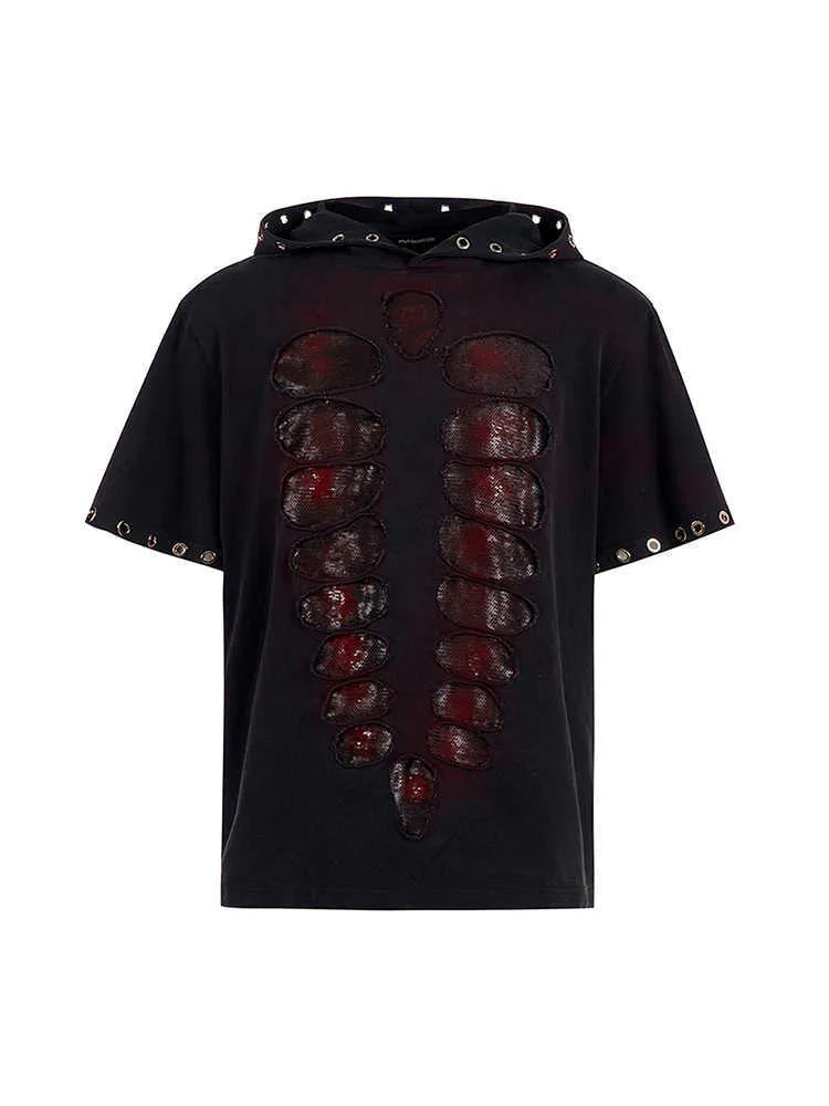 Black men's hooded short-sleeve T-shirt with sequin details and a loose-fitting silhouette.