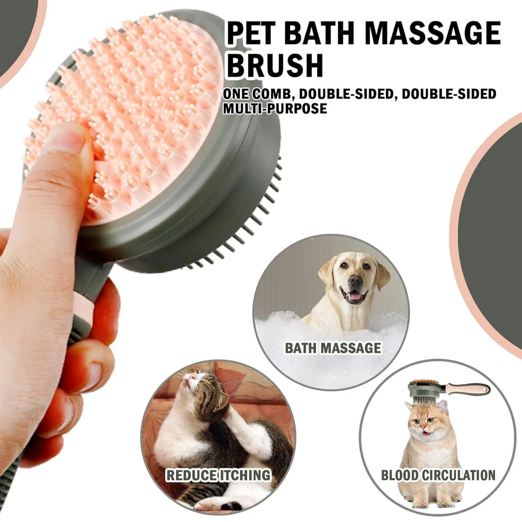 Green and pink reversible cat brush showing slicker brush side and flea comb side with release button