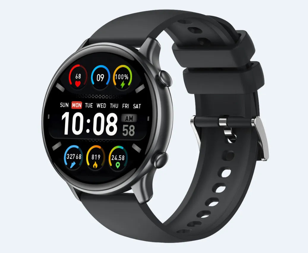 Round touch screen smart sports watch with silicone strap showing heart rate monitoring display