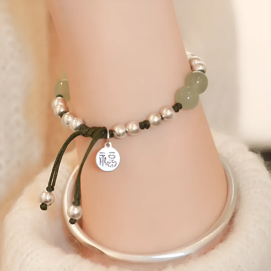 Handmade bamboo bracelet with green Hetian jade beads and 925 silver beads, lotus seedpod design