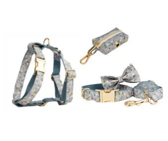 Floral pattern dog collar set with leash, vest, bow, and poop bag holder in five coordinated pieces