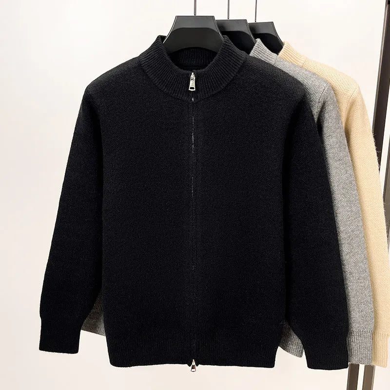 Men's black stand collar cardigan with front zipper showing loose fit and thickened knit construction