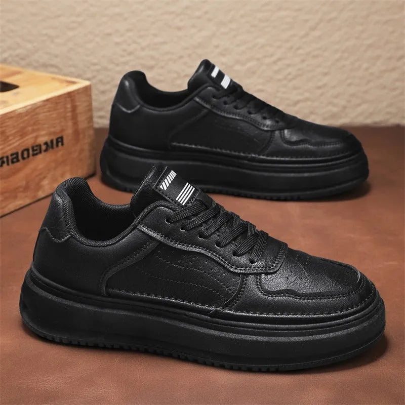 Leather British retro men's casual shoes in black, gray, and khaki with low heel thick sole