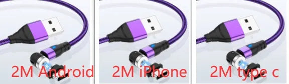 Black magnetic charging cable with LED diamond lamp, showing Android and Type-C magnetic connectors.