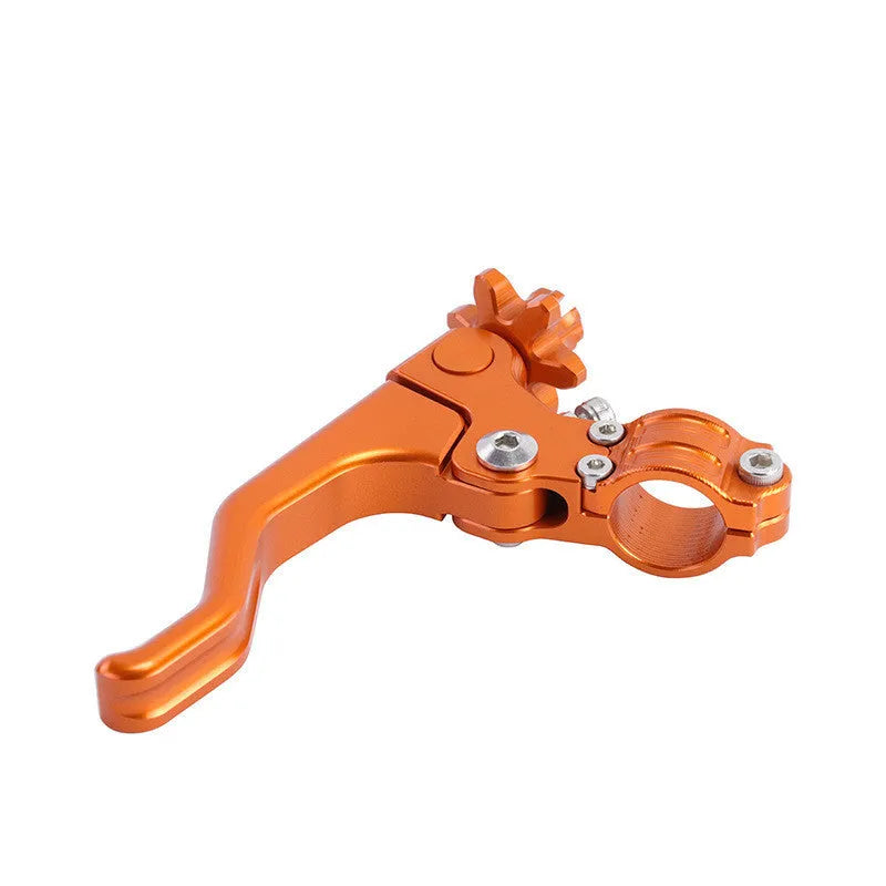Aluminium motorcycle clutch lever in a selection of eight colours including red, black, silver, and gold.