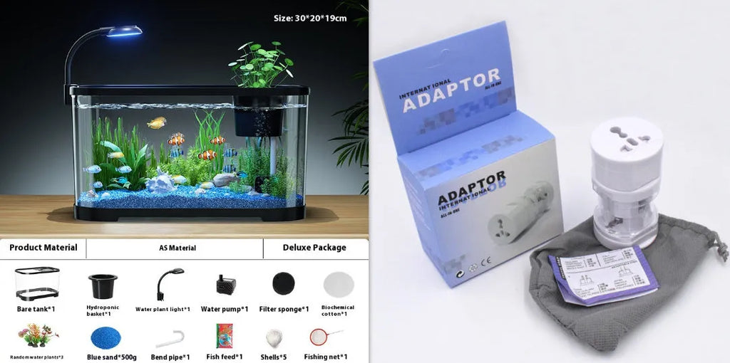 Ecological landscape filter oxygen-making integrated fish tank in luxury black colour on desktop