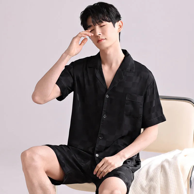 Men's ice silk pyjamas set showing cardigan top and shorts in satin jacquard pattern