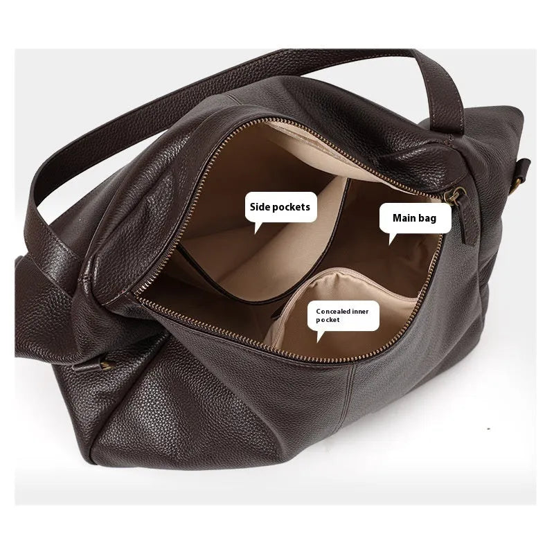 Brown genuine leather women's shoulder bag with horizontal square shape and internal organisation
