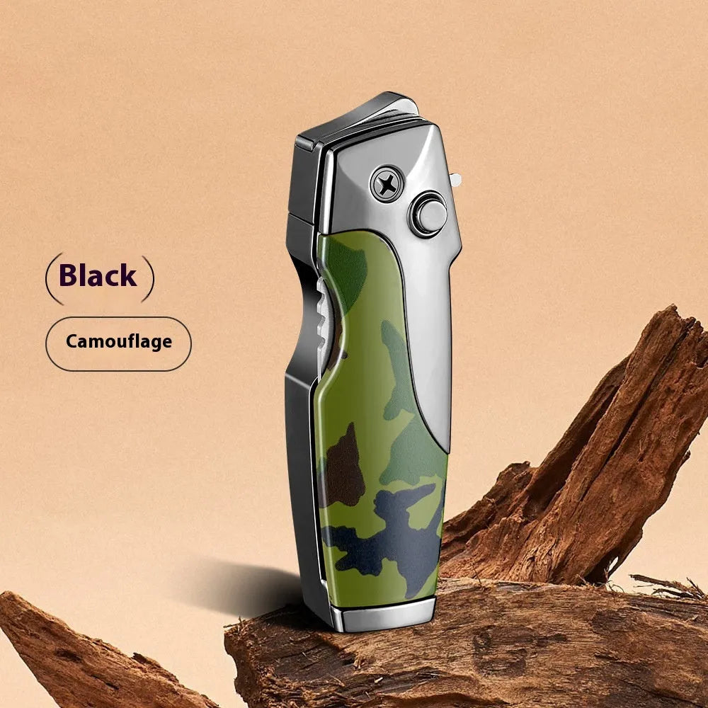 Metal folding lighter with integrated pocket knife tool in a wood grain finish.