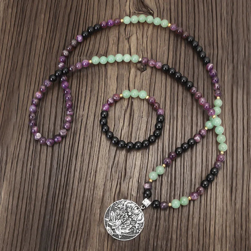 Yoga lotus pendant necklace with matching bracelet, adjustable 51-80cm length, handmade stone beads