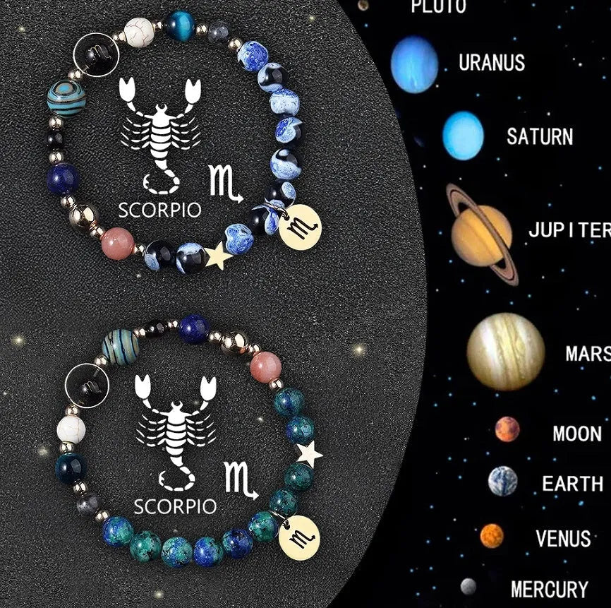 Set of twelve beaded bracelets for each zodiac sign with natural stone and crystal beads.
