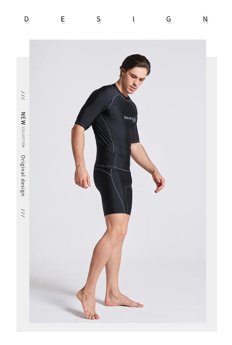 Men's navy blue quick-dry nylon swimsuit set with half sleeves and long swim pants