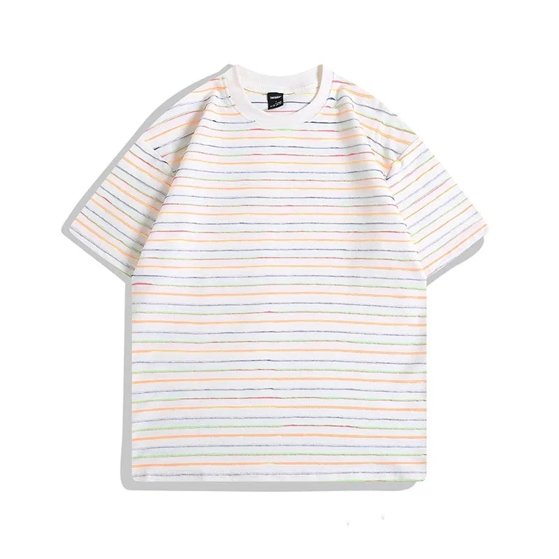 Striped loose fit short sleeve t-shirt in apricot colour with round neck collar