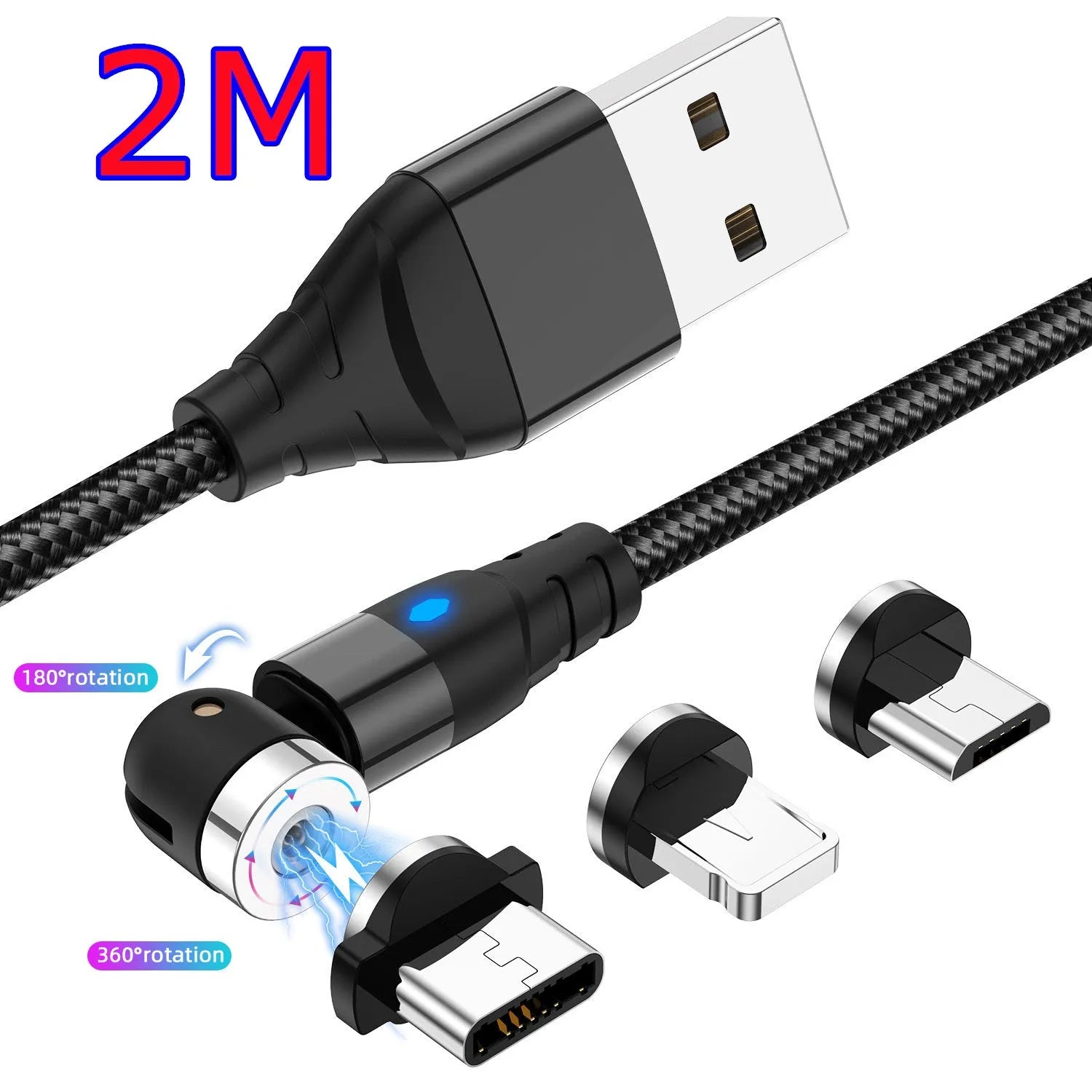 Black magnetic charging cable with LED diamond lamp, showing Android and Type-C magnetic connectors.