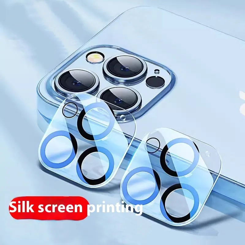 Tempered glass camera lens protector for iPhone showing integrated rear film covering camera module