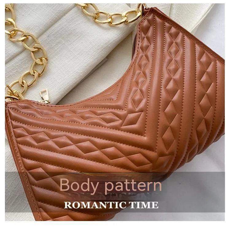 PU leather pleated chain baguette bag in vertical square shape with shoulder strap and carry handle