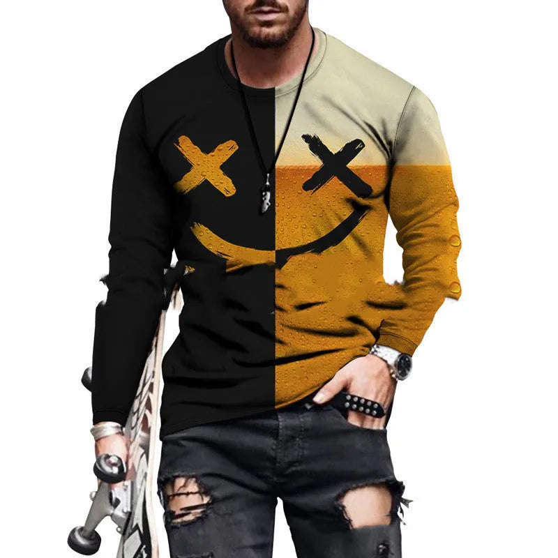 Colour block printed men's top with round neck in polyester blend fabric, digital print pattern