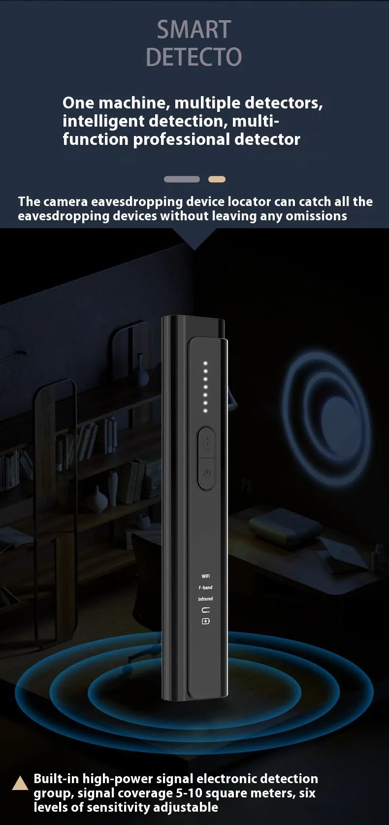 Handheld black anti spy camera detector with RF and lens scanning for personal privacy