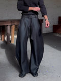 Black oversized high-waisted wide-leg pants with belt, full-length casual trousers