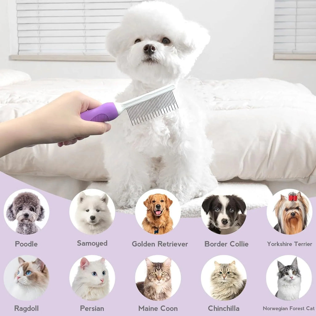 Purple handled pet comb with stainless steel teeth for detangling dog and cat fur.