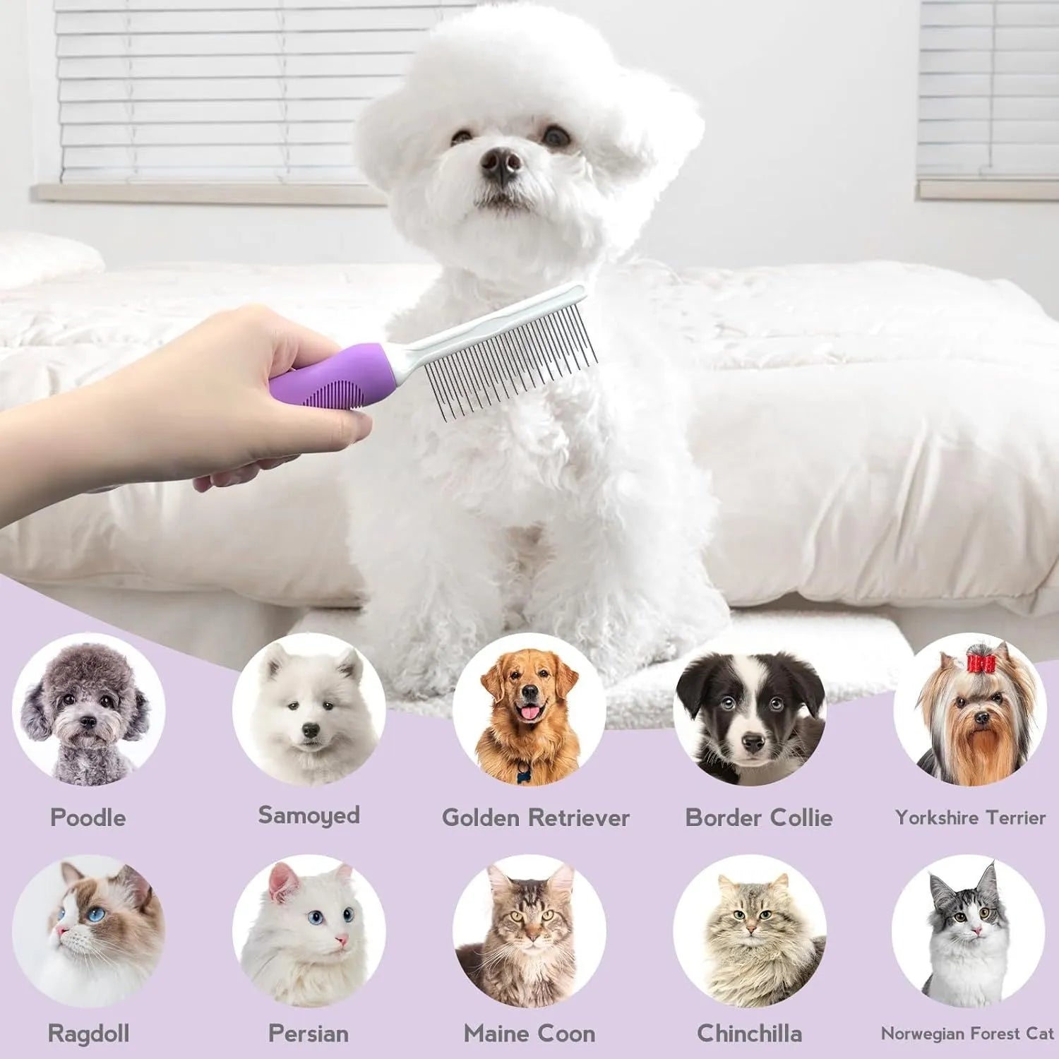 Purple handled pet comb with stainless steel teeth for detangling dog and cat fur.