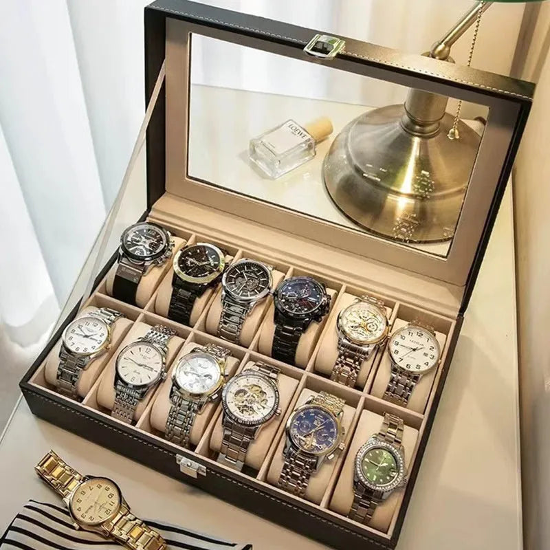 Grey leather watch storage box with transparent dustproof lid showing multiple capacity size options