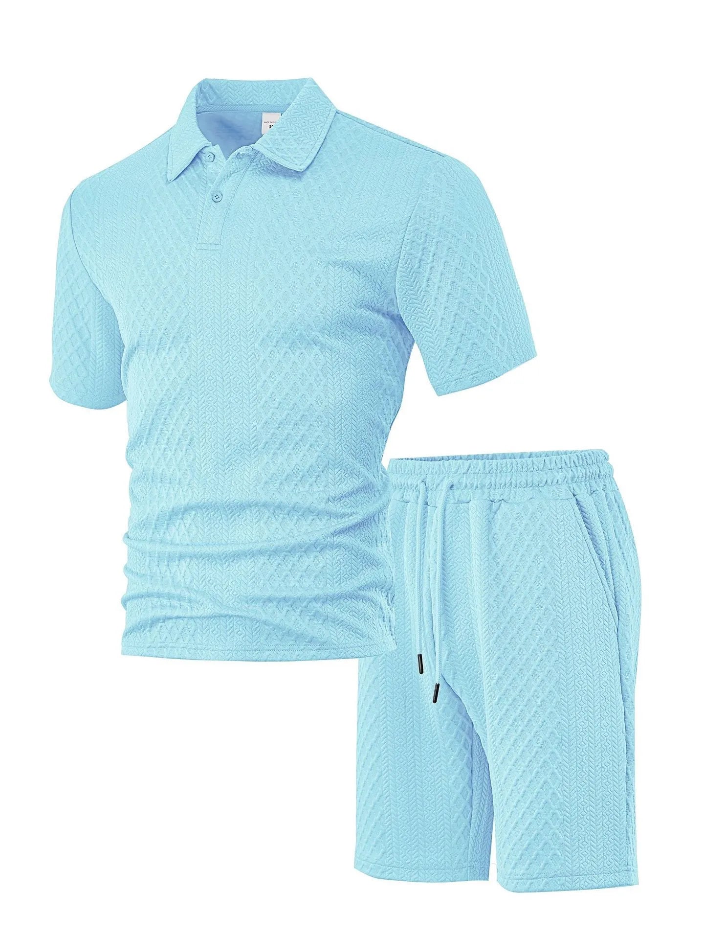 Men's patterned cloth short sleeve polo suit in light blue, shown with matching trousers.