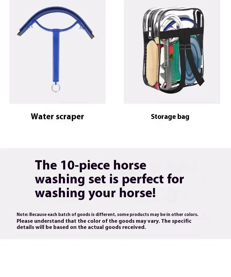 Equestrian supplies 10-piece horse brushing tool set with PP brushes, aluminum combs, and storage bag