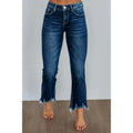 Women's casual denim jeans in dark blue and light blue with hand-worn finish
