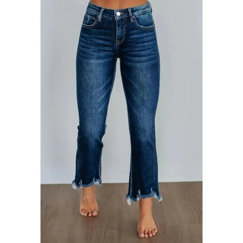 Women's casual denim jeans in dark blue and light blue with hand-worn finish