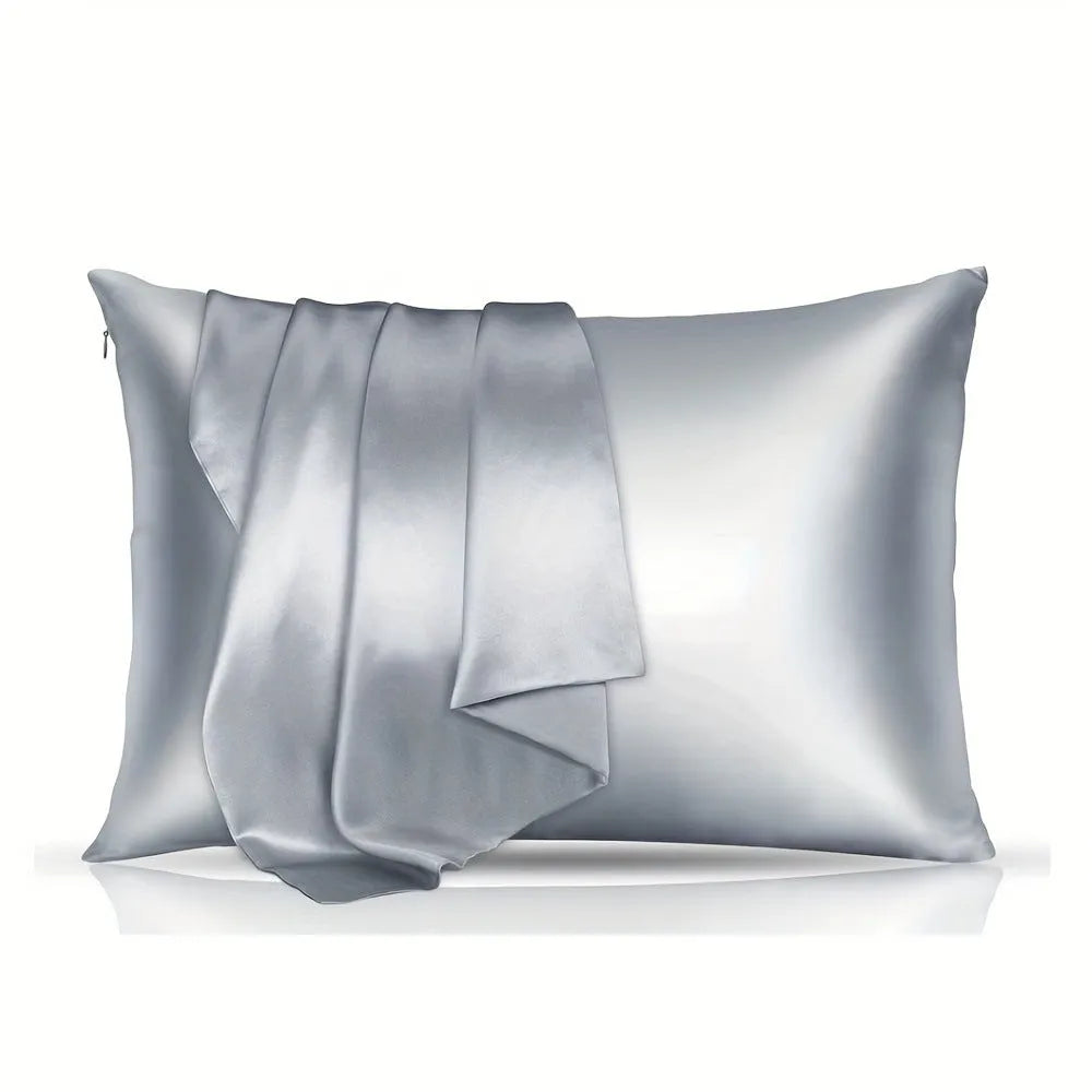 Pair of solid colour satin cloth pillowcases showing colour options including navy blue, wine red and light pink