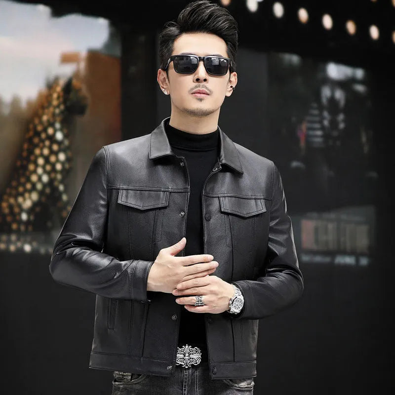 Men's black first layer cowhide leather jacket with polo collar, front view, on display