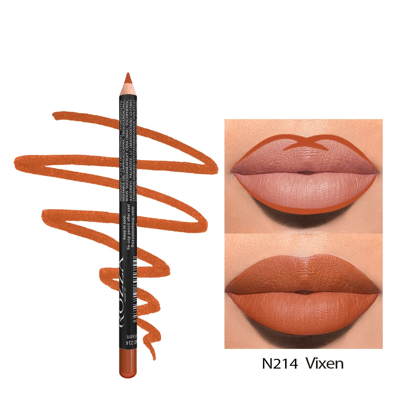 Matte finish lip liner pencil in wood casing with colour options 201 to 214 for 24-hour wear