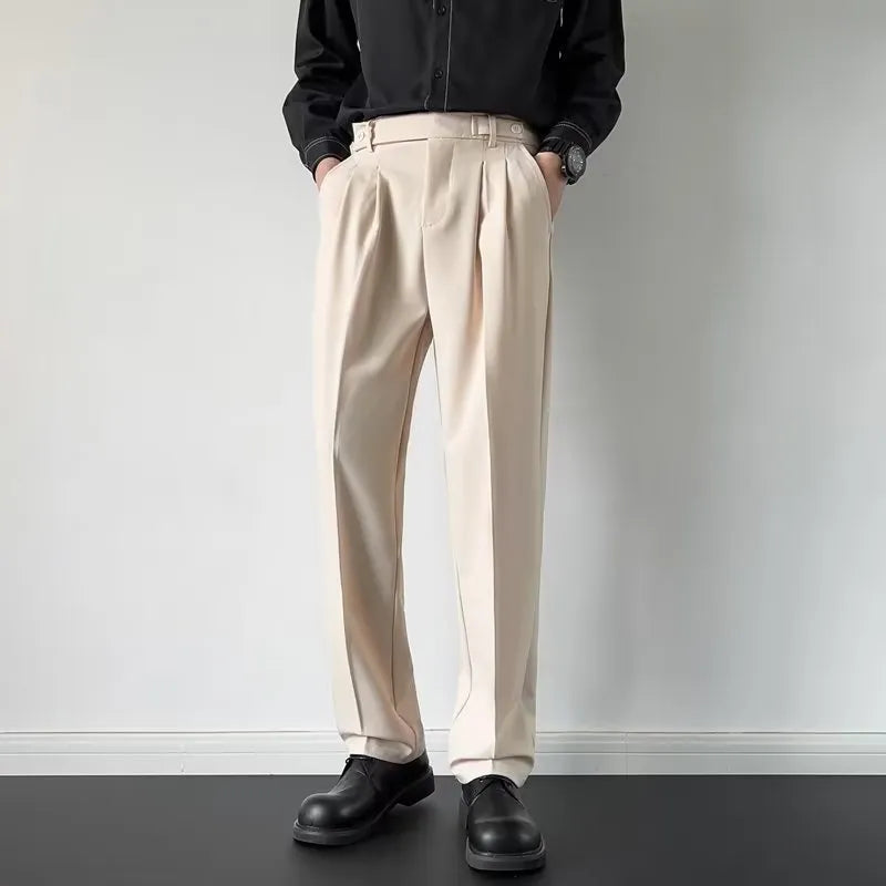 Men's straight-leg suit pants with loose fit in apricot and black polyester fabric