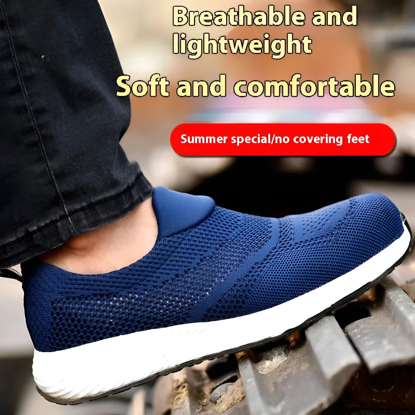 Men's lightweight steel toe work safety shoes with mesh upper in black colour